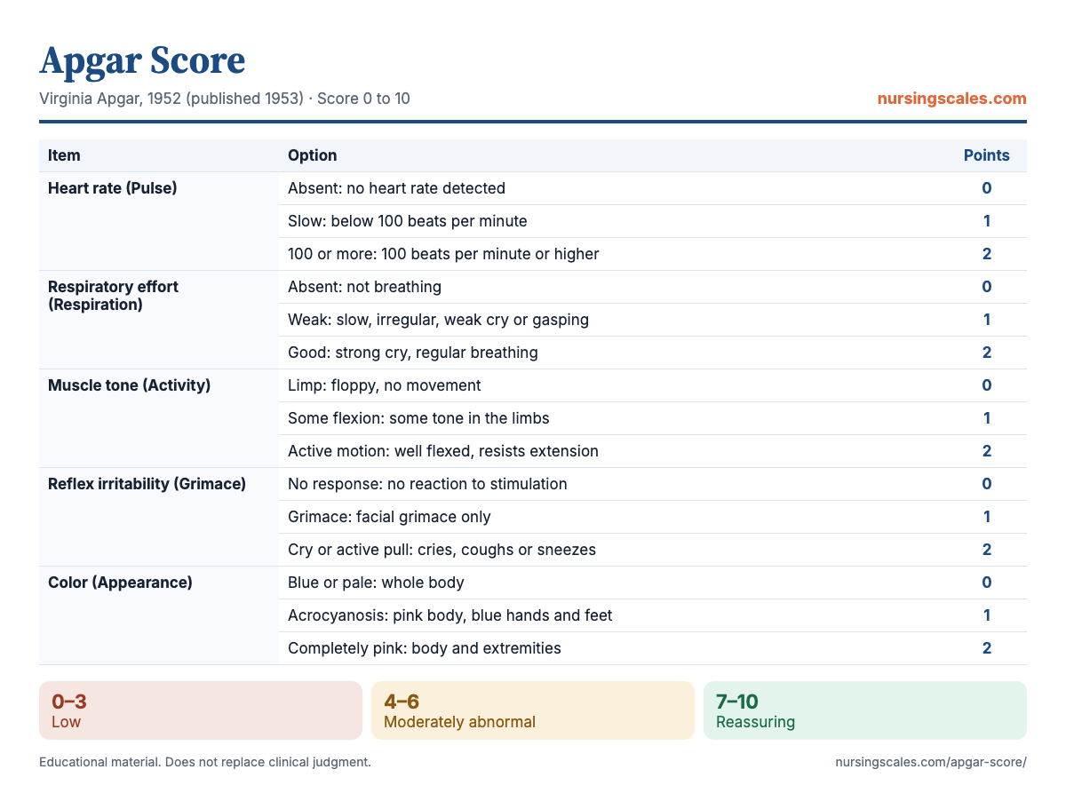 Apgar Score chart with items, points and interpretation