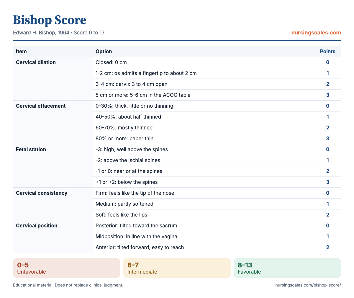 Bishop Score chart with items, points and interpretation