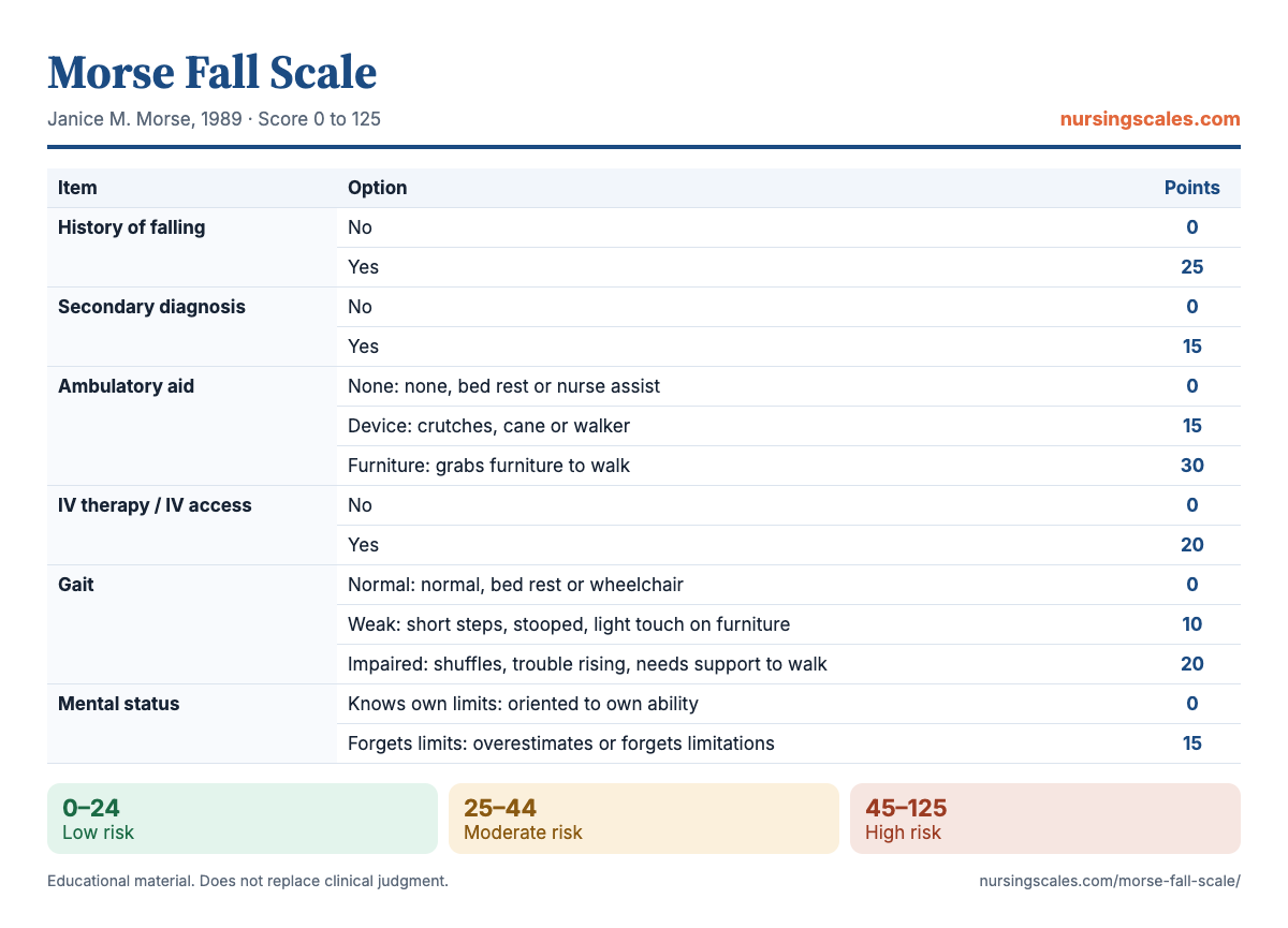 Morse Fall Scale chart with items, points and interpretation