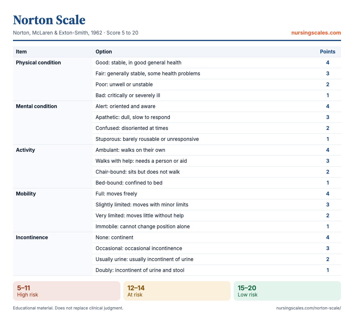 Norton Scale chart with items, points and interpretation