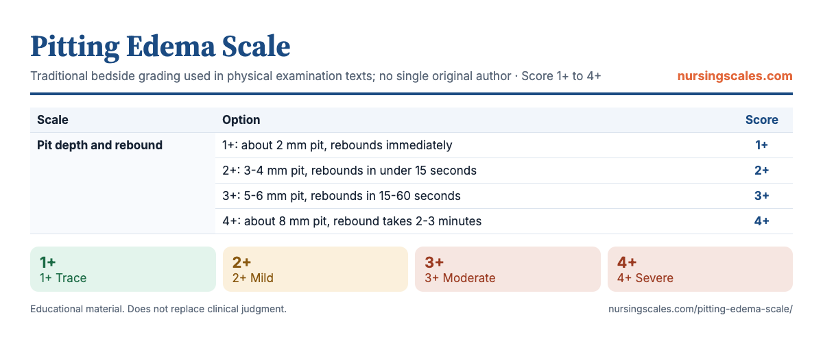 Pitting Edema Scale chart with items, points and interpretation