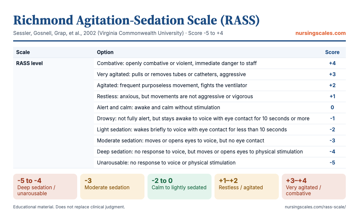 Richmond Agitation-Sedation Scale (RASS) chart with items, points and interpretation